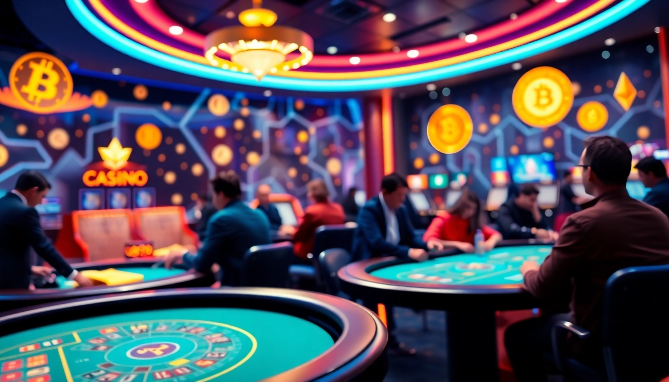 Jouez et gagnez dans le crypto casino avec des lumières dynamiques et des tables de jeux animées.