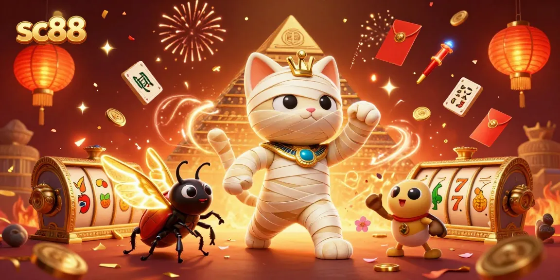 Experience excitement at sc88 with a dynamic casino scene featuring a mummy cat and golden elements.