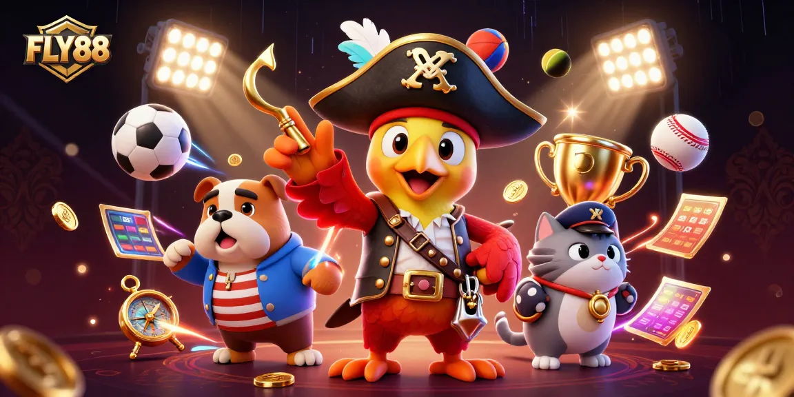 FLY88 brings excitement to online gambling with a vibrant 3D casino scene featuring engaging characters and game elements.