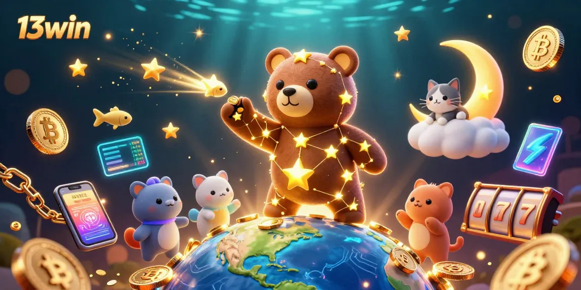 Experience the allure of 13win casino with a vibrant 3D scene showcasing a constellation bear, golden coins, and neon crypto elements.