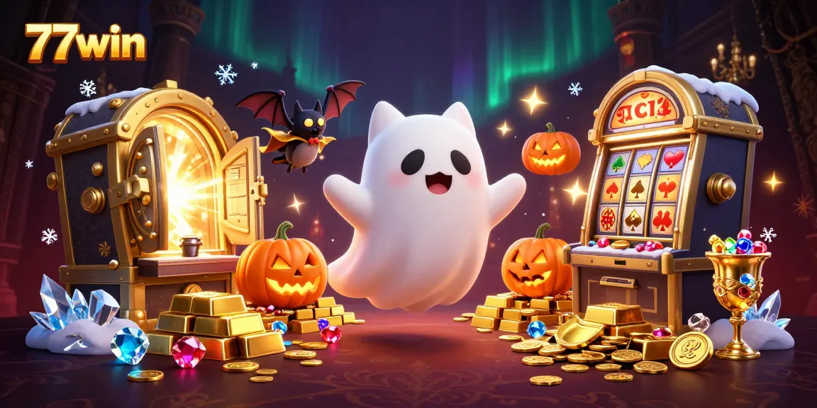 Experience the thrill of casino gaming with 77win's ghost cat and vamp bat in a vibrant, haunted scene.