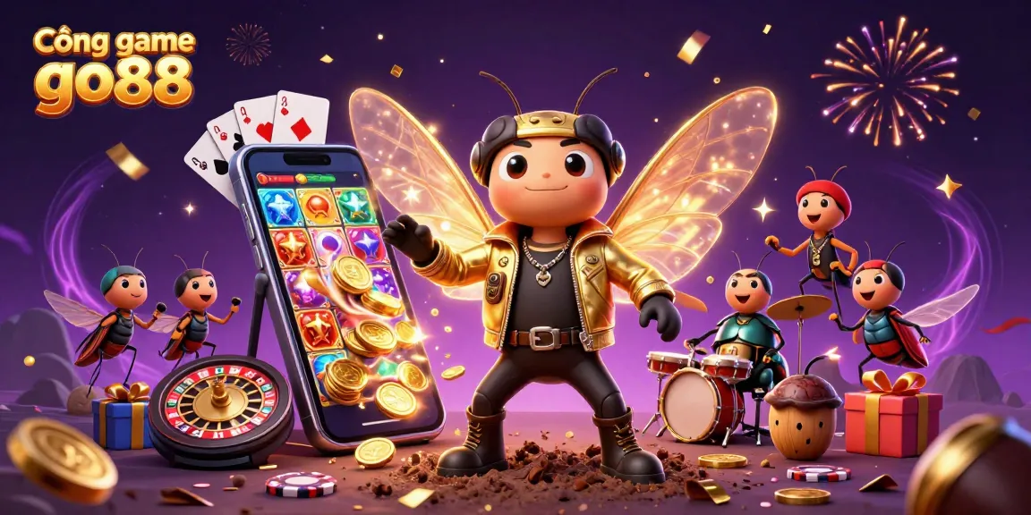 Cổng game go88 showcases vibrant casino action with a rock star cicada, dynamic games, and celebratory confetti.