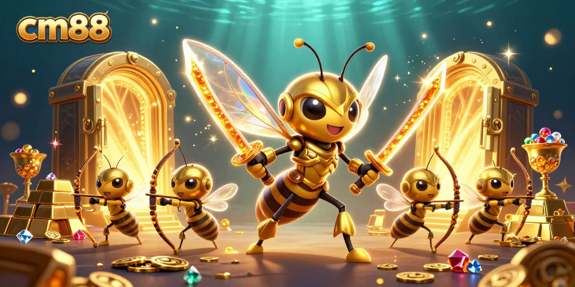 Experience thrilling jackpots with cm88's 3D treasure scene featuring dynamic golden elements and armed characters.
