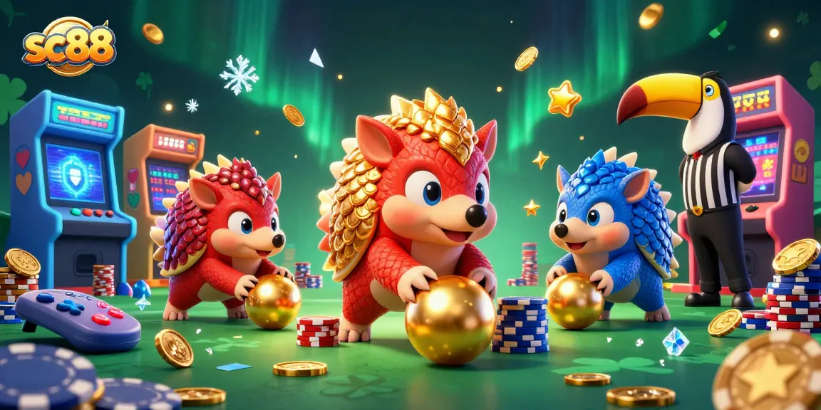 Experience the excitement at sc88 as pangolins roll through golden poker chips, showcasing lively gaming action.