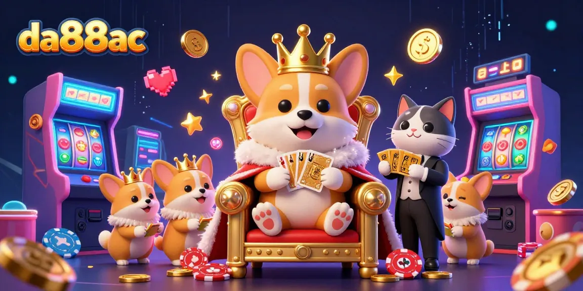 Engage with the da88ac experience through a vibrant 3D casino scene with corgis and gaming elements.