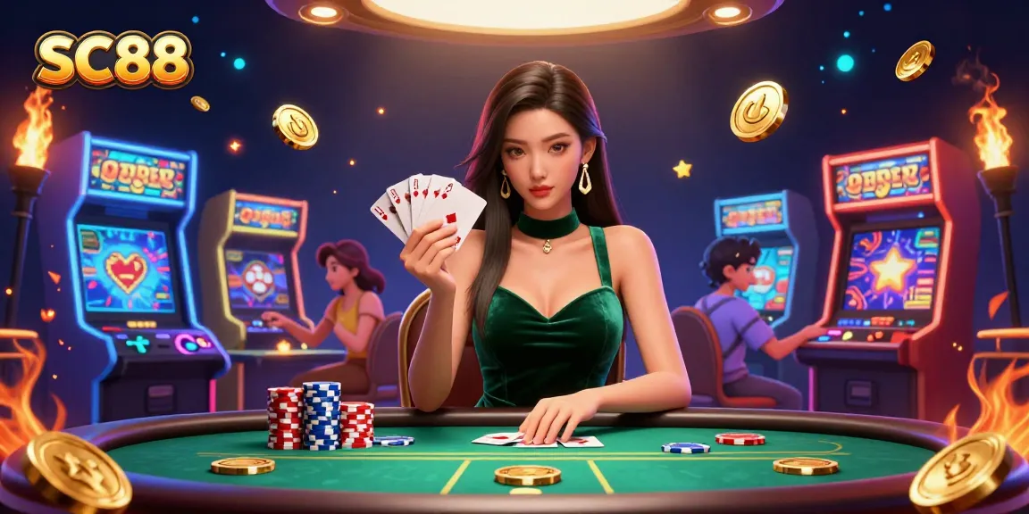 SC88 poker scene with a beautiful Asian woman holding cards at a vibrant casino table.