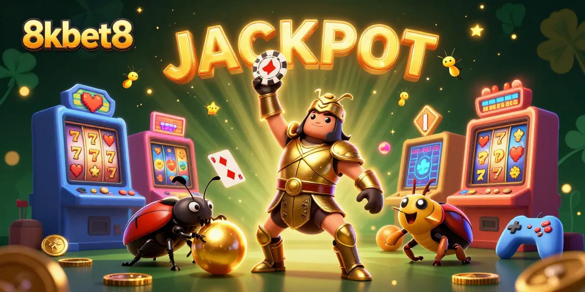 Experience a victory at 8kbet8 with a beetle lifting a poker chip amidst vibrant casino elements.