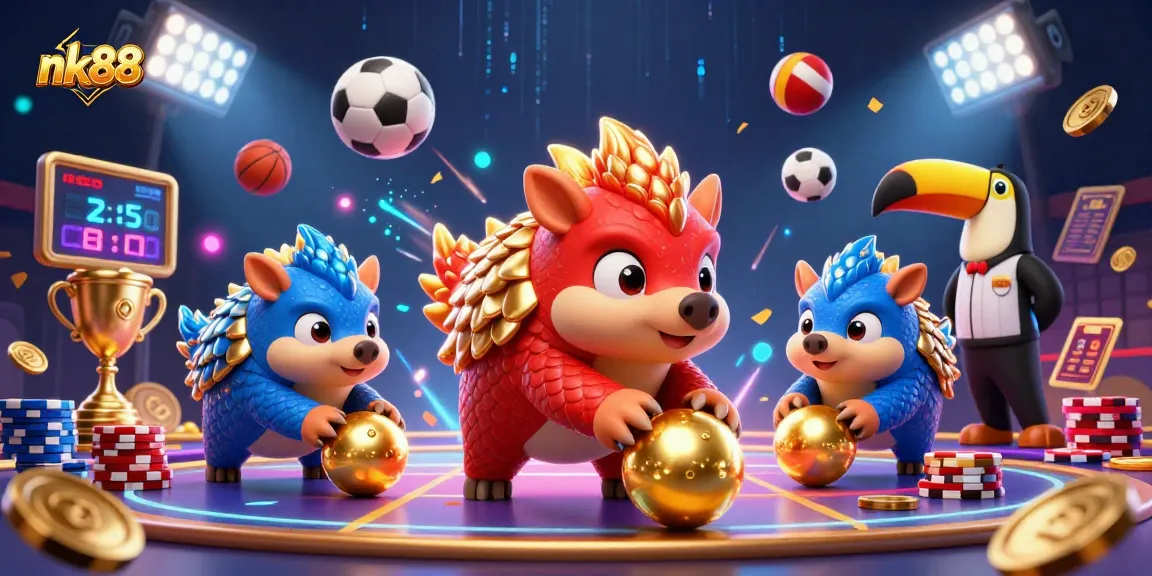 nk88 pangolins rolling golden balls while bowling through poker chips in an exciting casino scene