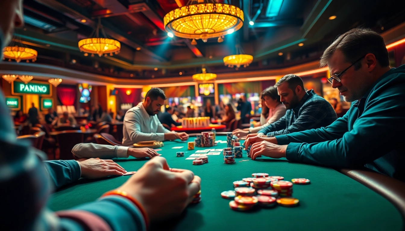 Joueurs concentrés sur une table de poker en ligne avec des jetons colorés et des cartes.