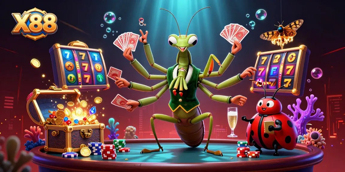 X88 casino scene showcasing a giant mantis card sharp dealing cards with vibrant elements of slot machines and gold coins.
