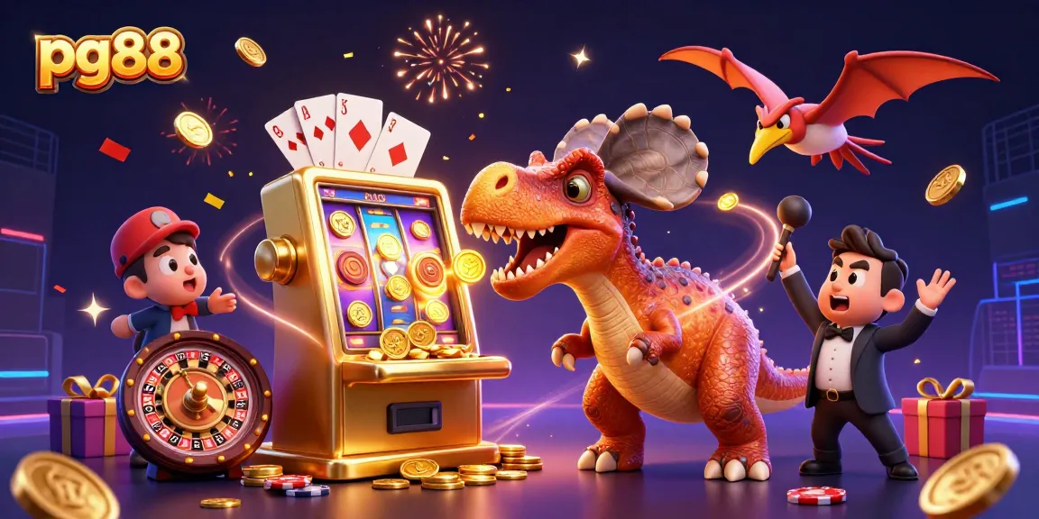 pg88 engages with action-packed casino fun as a pachycephalosaurus strikes a jackpot slot machine amidst flying coins.