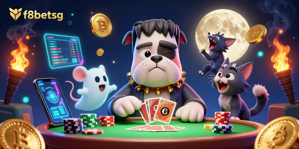Experience the thrilling gameplay at f8betsg with a haunting casino scene featuring a Frankenstein bulldog dealer.