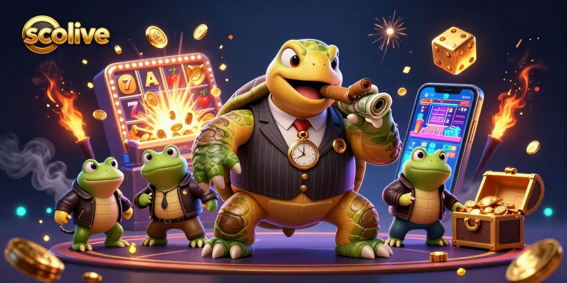 Socolive features a giant snapping turtle in a mobster suit celebrating a slot jackpot.