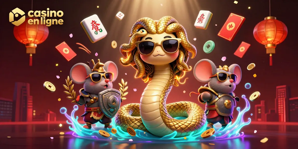 Casino en ligne avec Méduse et guerrier souris, entouré de symboles de jeux et de décors scintillants