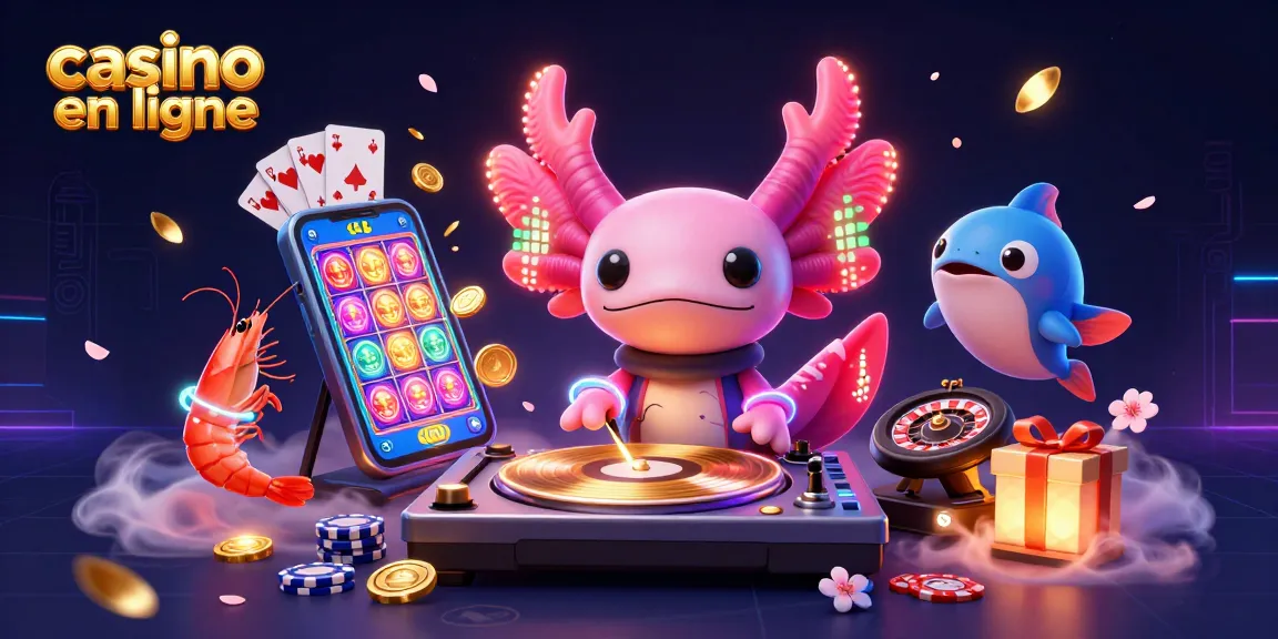 Casino en ligne avec une illustration 3D colorée mettant en scène un DJ axolotl et des éléments de jeux