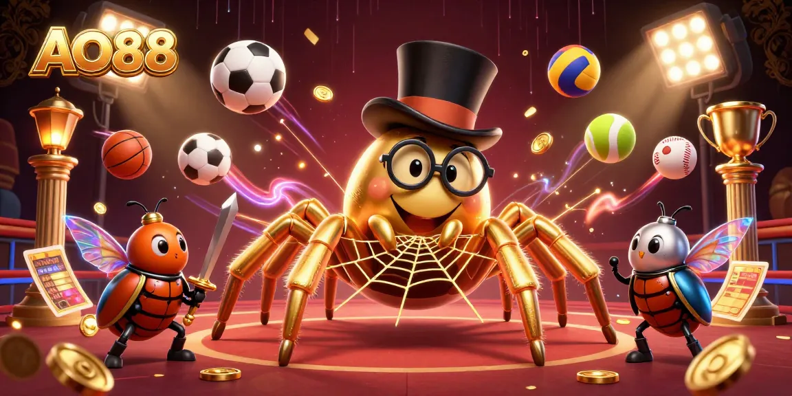 Experience AO88's vibrant casino atmosphere with a golden tarantula weaving golden threads and a brave beetle knight.