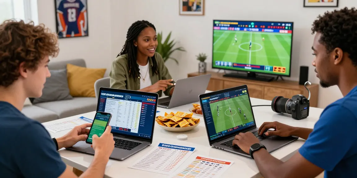 Scène de paris sportif en ligne mettant en avant des parieurs actifs utilisant un bookmaker français, avec des smartphones et des ordinateurs affichant des statistiques sportives.