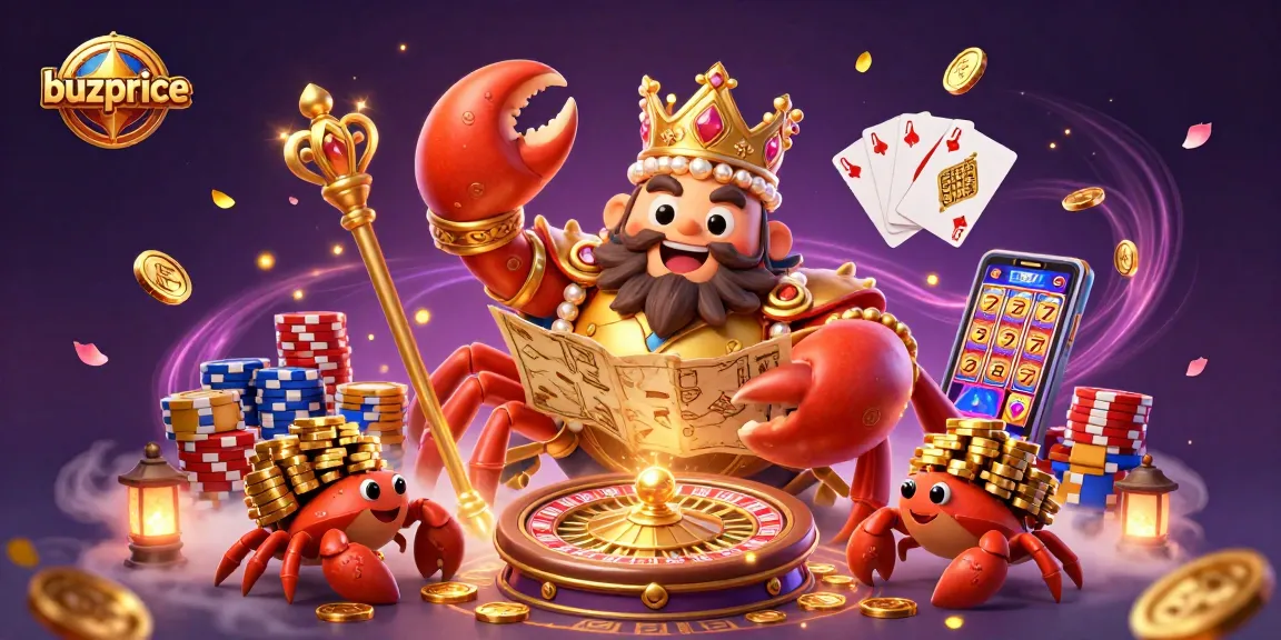 Buzprice showcases a golden crab emperor in a vibrant casino scene filled with coins, cards, and jackpots.