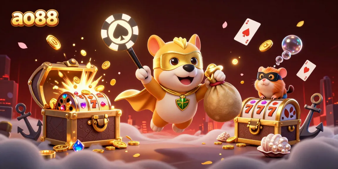 Win at ao88 with a dynamic scene featuring a superhero dog and hamster in a colorful 3D illustration.