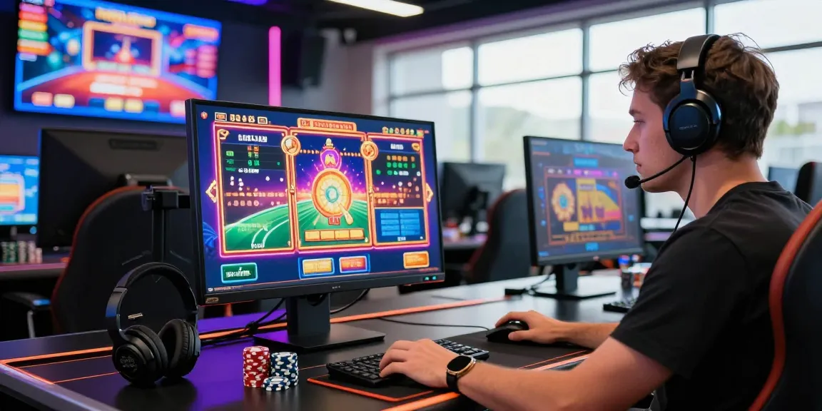 Expérience immersive dans un casino en ligne avec un joueur concentré sur un jeu de machines à sous coloré, accessoires de jeu et ambiance lumineuse.