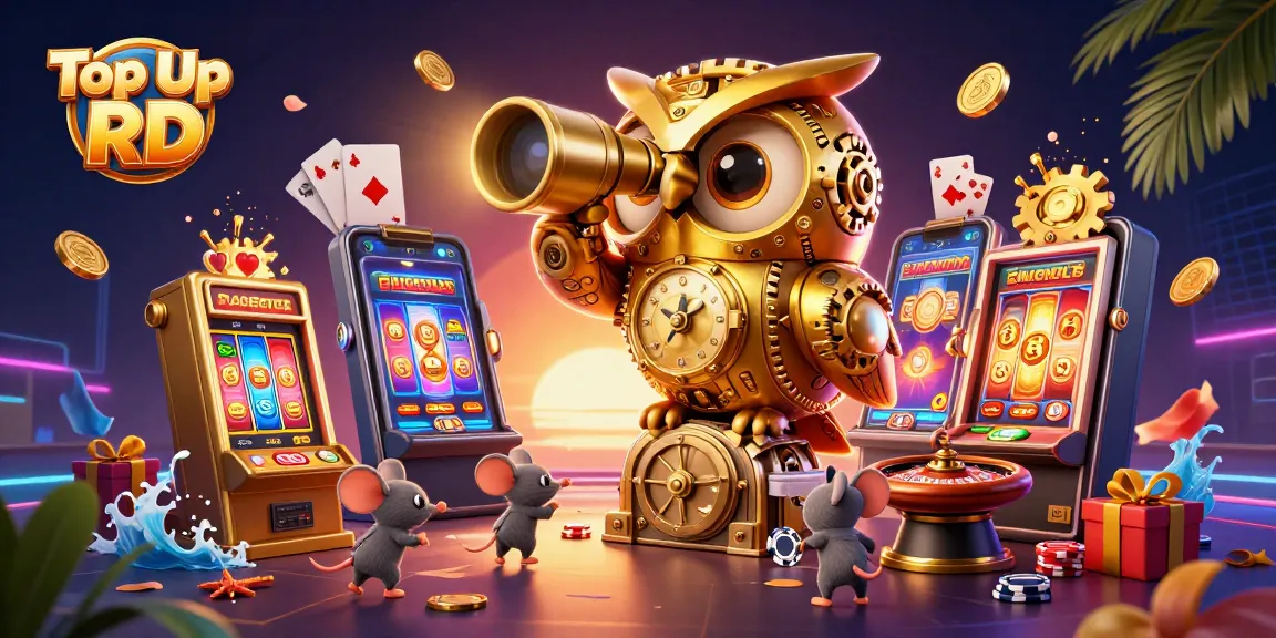 Top Up RD dengan cepat dan aman untuk permainan digital, ilustrasi kasino 3D yang menarik dan penuh warna.