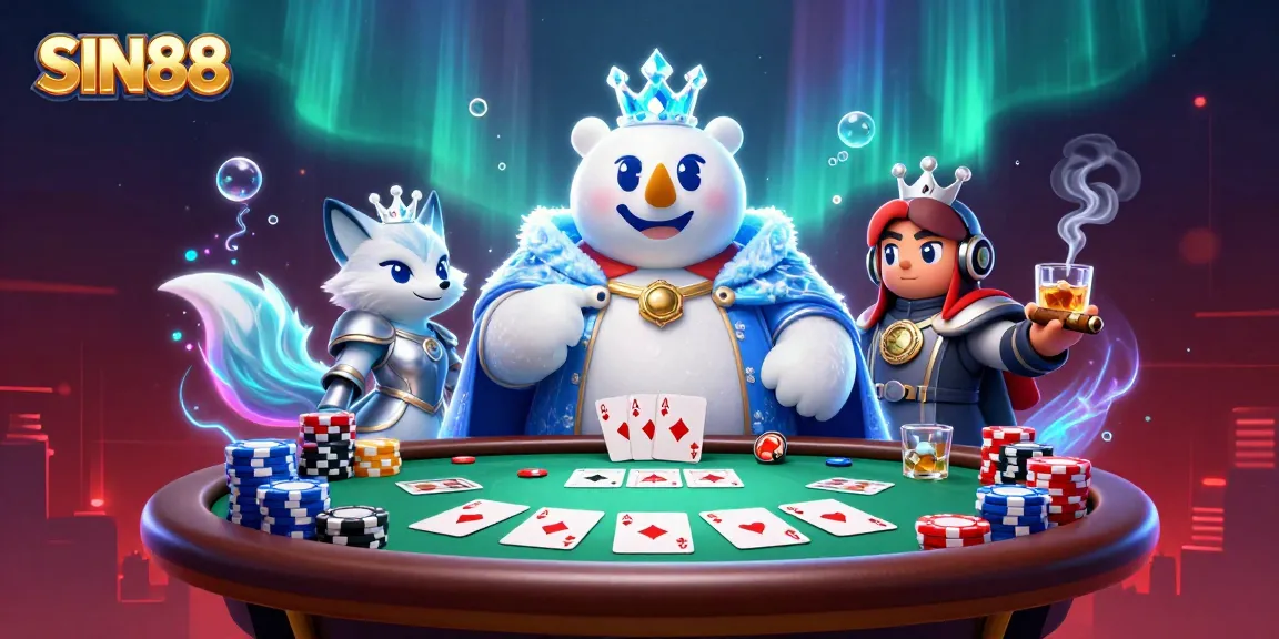 SIN88 showcases a vibrant casino scene with a polar bear king, poker elements, and rich details.