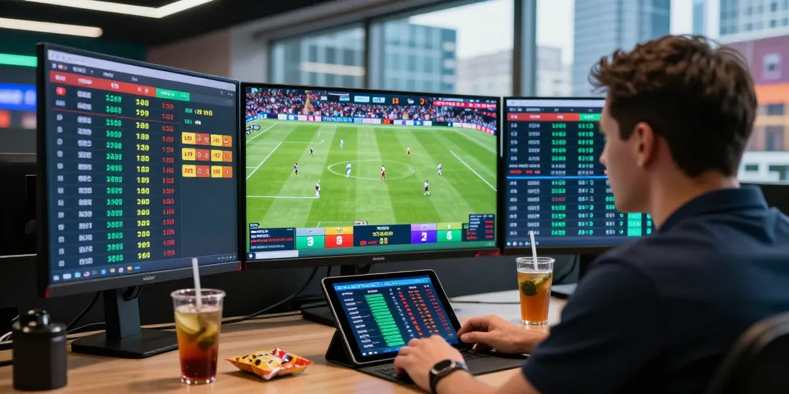 Un parieur concentré utilisant un bookmaker sans limite de mise avec plusieurs écrans affichant des cotes de paris sportifs en direct.
