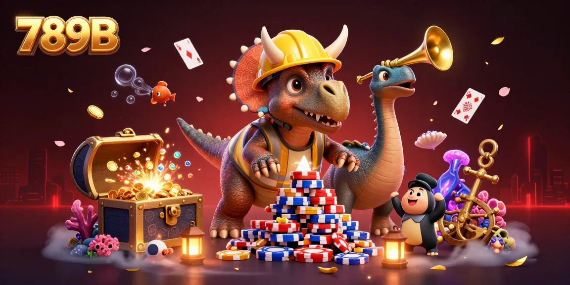 Experience thrilling wins with 789B in this vibrant online casino scene featuring celebratory dinosaurs.