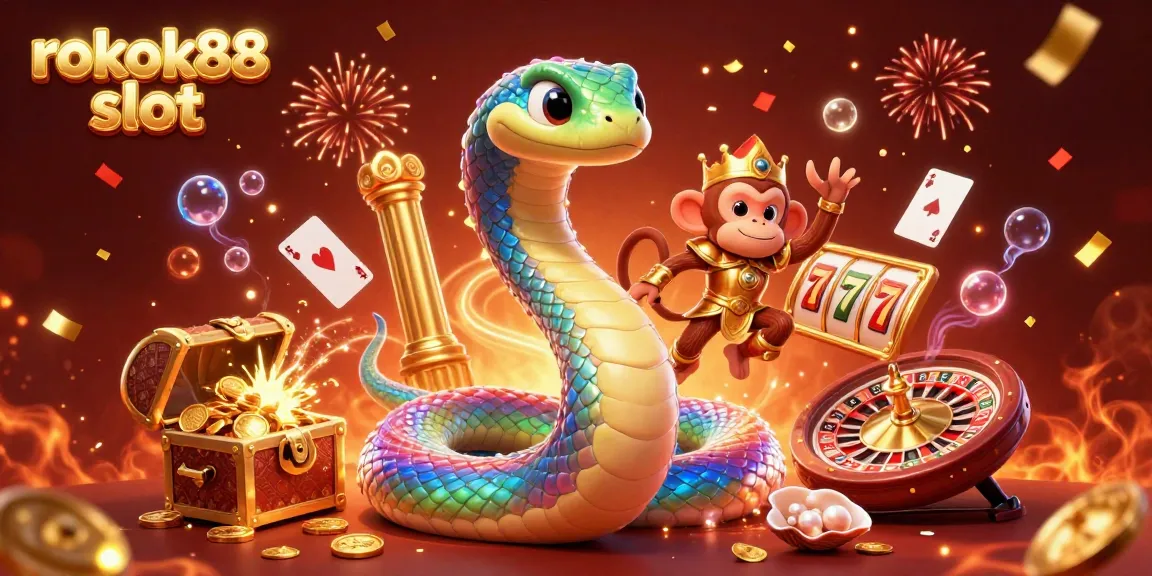 Play and win with rokok88 slot in a vibrant, detailed casino illustration featuring lively game elements.