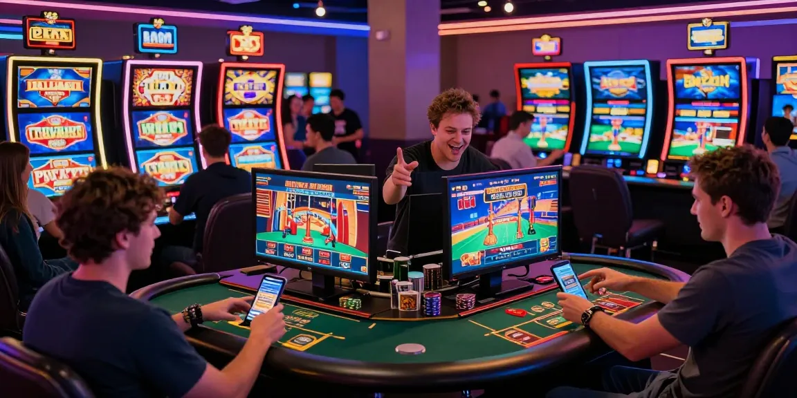 Casino en ligne animé se déroulant de nuit avec des joueurs profitant de jeux variés.