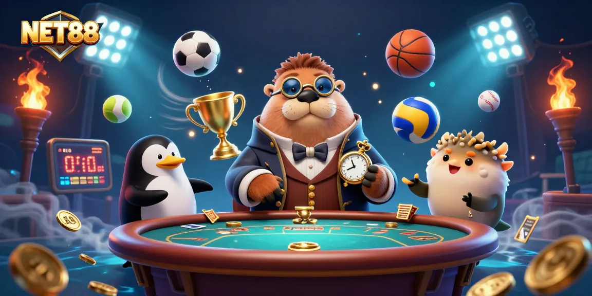 Engage with NET88 while enjoying poker underwater with a walrus, penguin dealer, and pufferfish player.