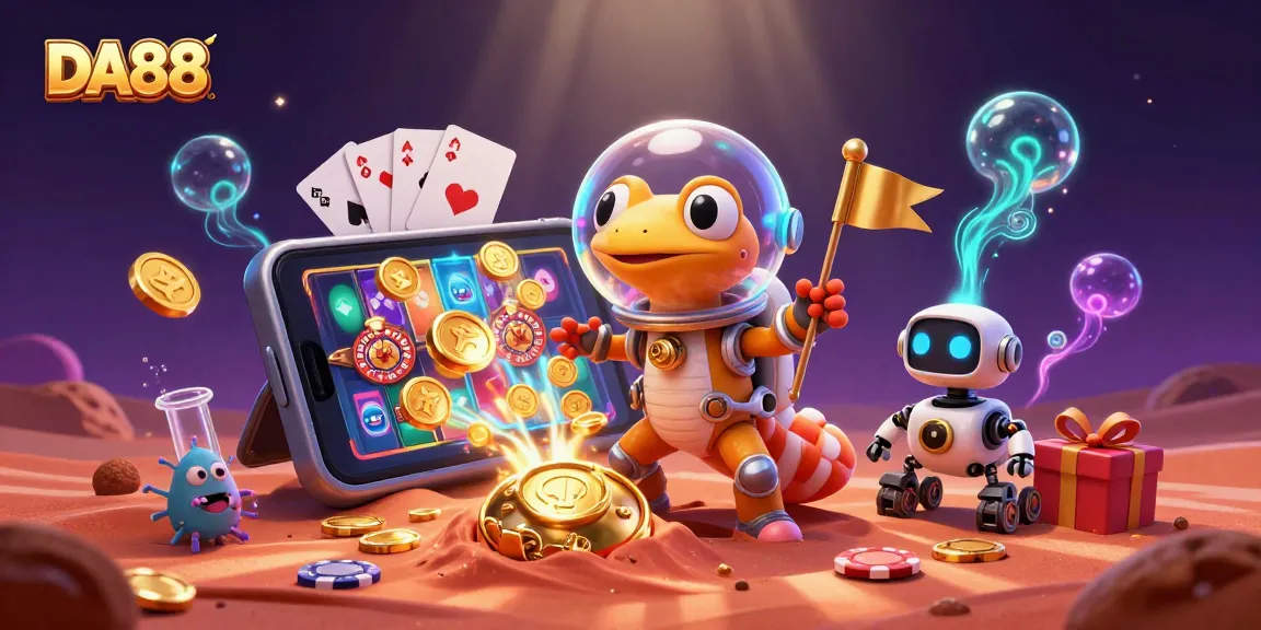 Play slots at DA88 while a Martian gecko discovers a hidden casino, surrounded by vibrant game elements.