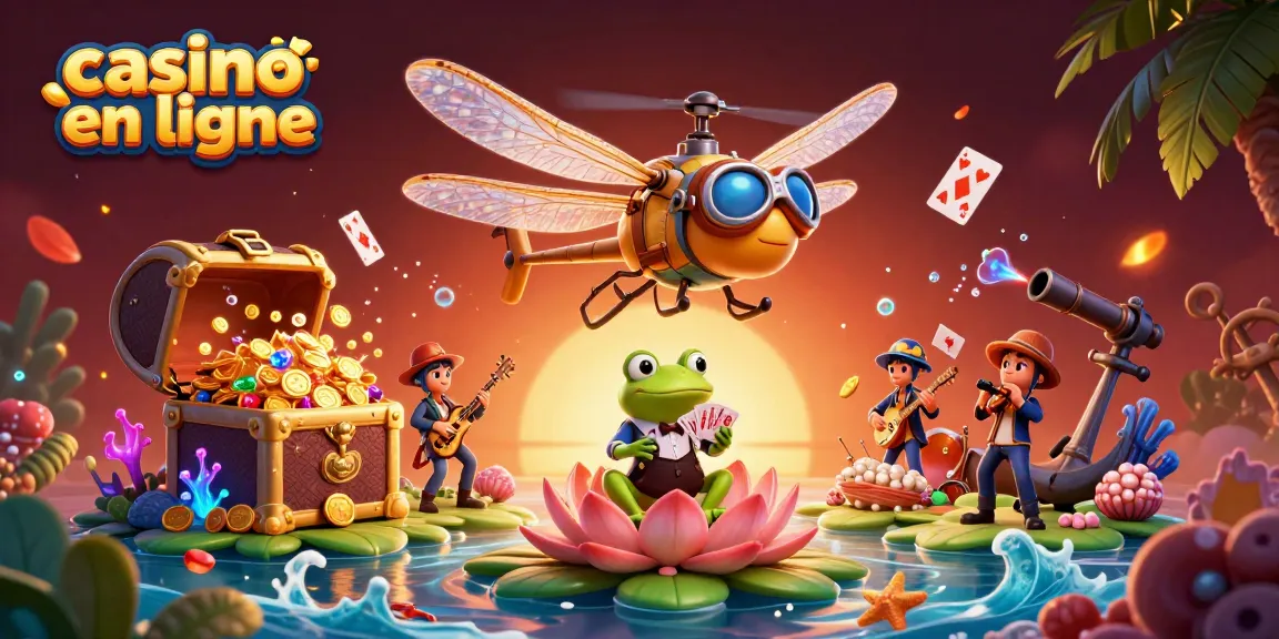 Admirez le casino en ligne animé avec une libellule pilote, un croupier grenouille et des musiciens, dynamique et riche en couleurs.