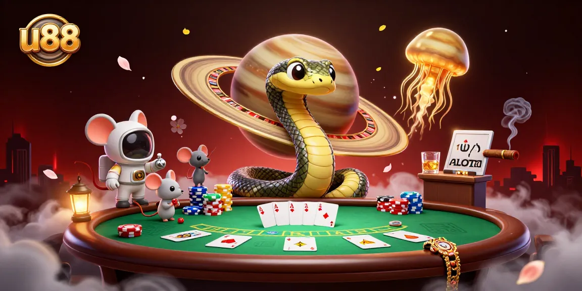 Win big with u88 at the roulette wheel as astronaut mice place bets in this vibrant casino scene.