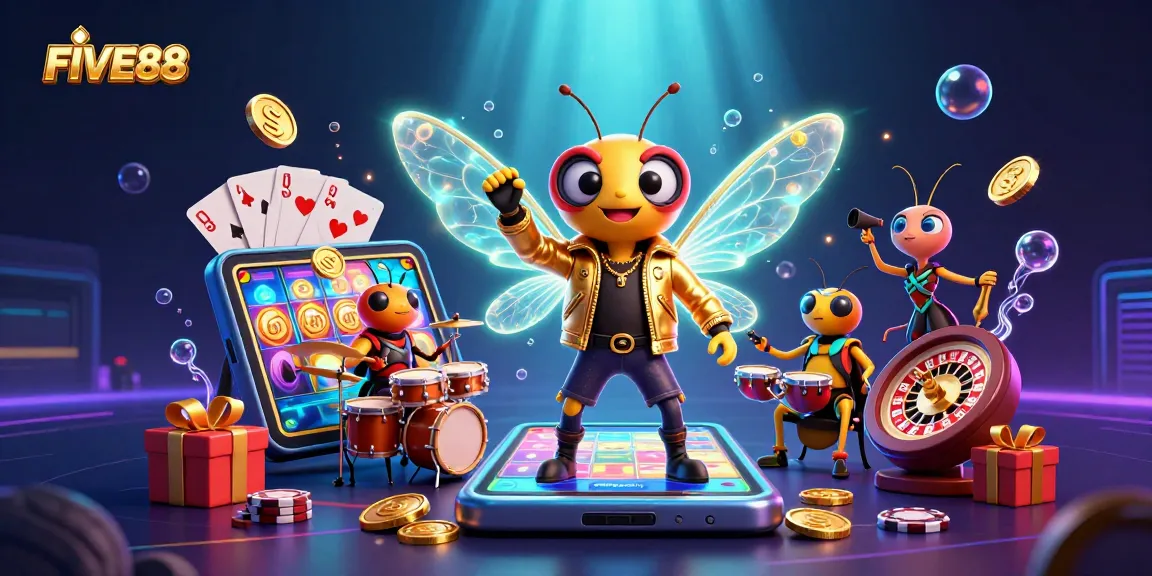Experience the excitement of FIVE88 with a vibrant casino scene featuring animated characters and thrilling gaming elements.