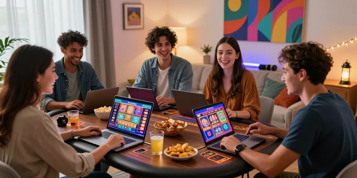Groupe d'amis jouant à un casino en ligne, ambiance joyeuse et conviviale avec des jeux de table et des machines à sous sur leurs appareils.
