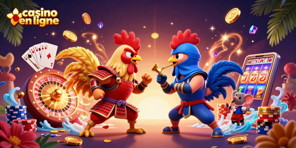 Des jeux de casino en ligne éblouissants avec des coqs combattants et des éléments de casino.