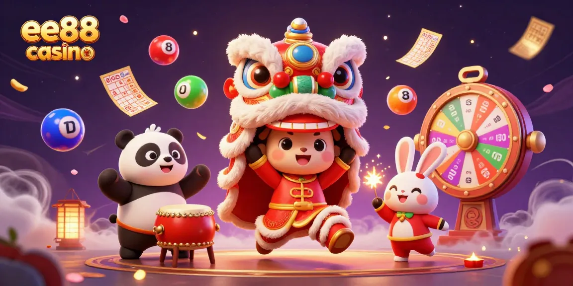 Engage in thrilling luck at ee88 casino with lively characters and vibrant gambling elements in this festive illustration.