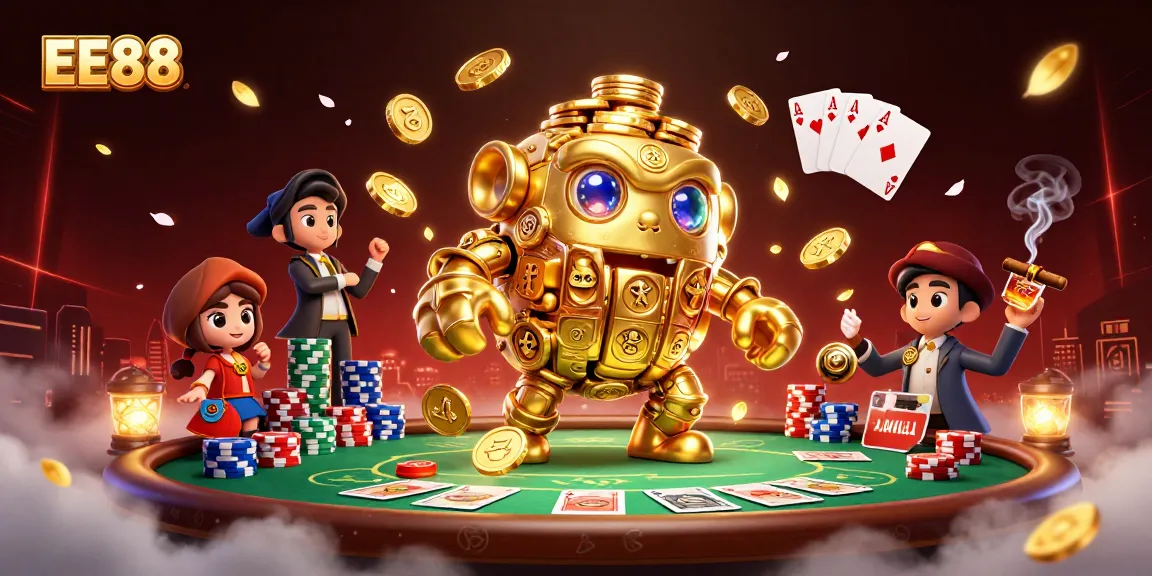 Experience thrilling gameplay at EE88 with a dynamic scene of slots and poker action featuring a golden golem and vibrant casino elements.