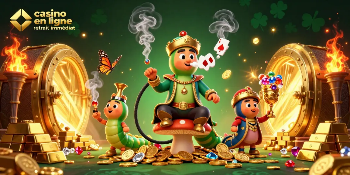 Visitez notre illustration d'un casino en ligne retrait immédiat avec des éléments riches et colorés.