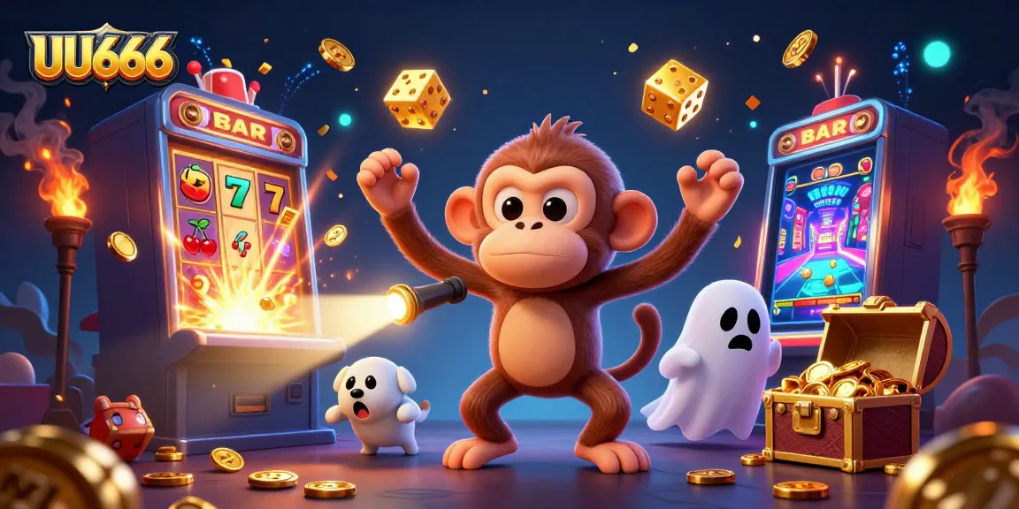 Engage with UU666's dynamic casino scene as a poltergeist monkey juggles golden treasures.