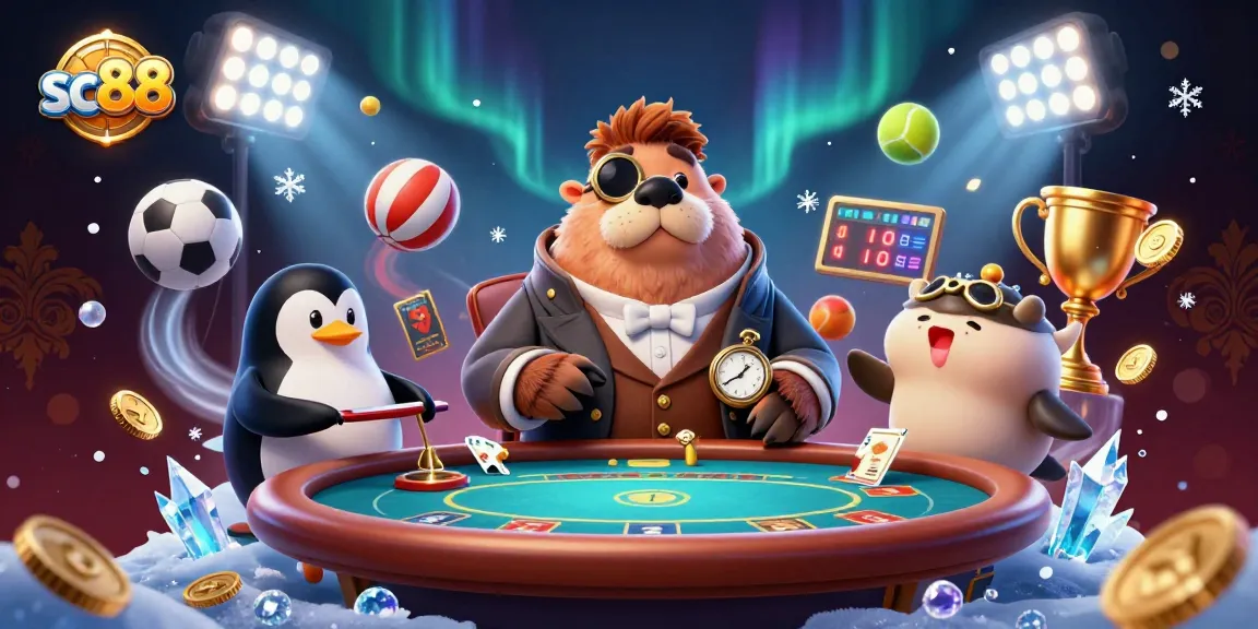 sc88 players gamble at a dynamic poker table in a vibrant underwater casino scene with unique characters.