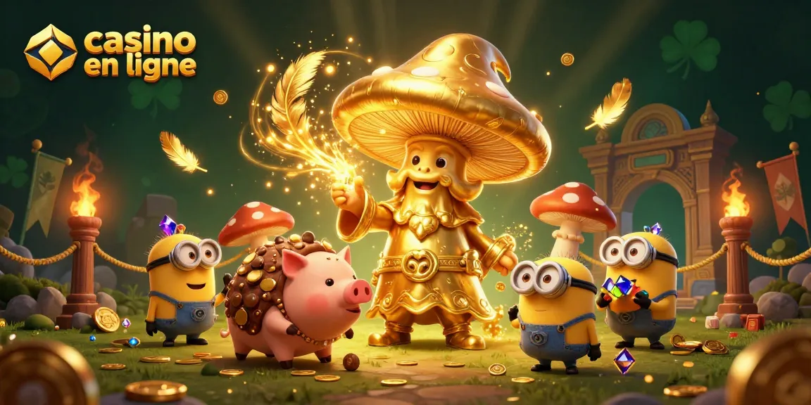 Illustration dynamique présentant un casino en ligne avec un magicien champignon et des trésors d'or.
