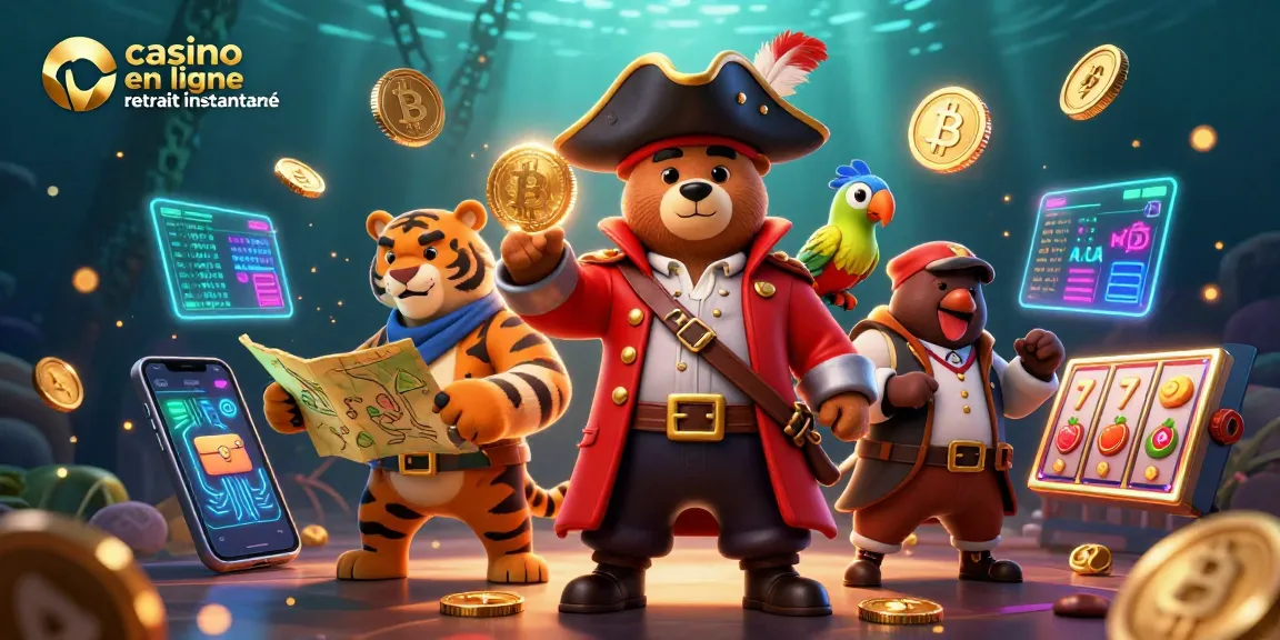 Jouez aux jeux de casino en ligne retrait instantané avec le pirate et son tigre, profitant des crypto-monnaies.