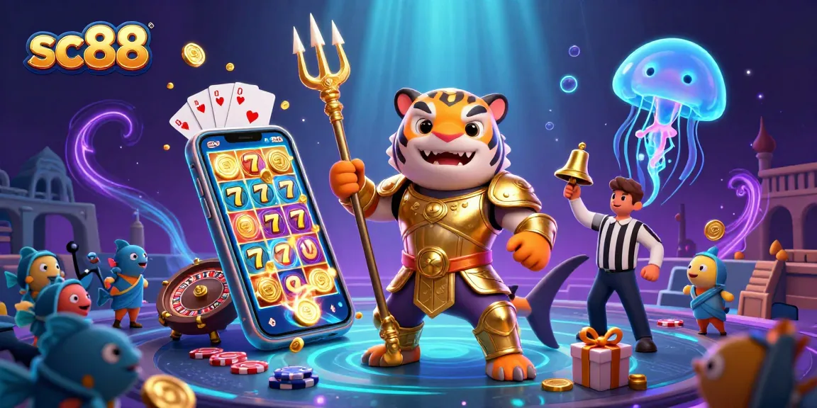Play thrilling slots and win at sc88 with a vibrant underwater casino scene featuring a tiger shark!