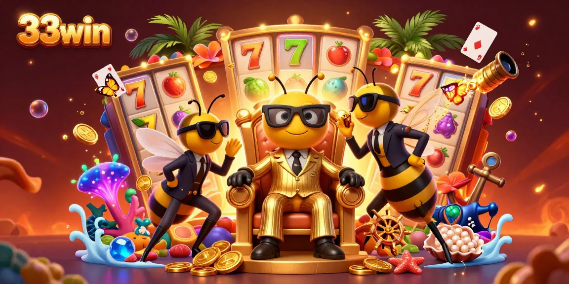 Engage with 33win's vibrant casino scene featuring a bumblebee mob boss and slot machines.