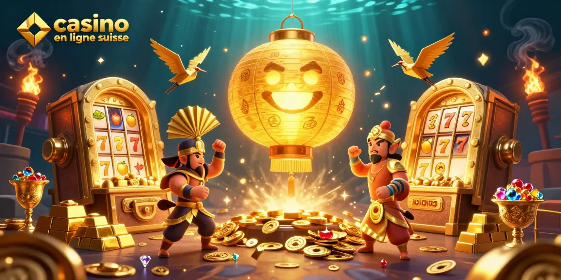 Illustration captivante de casino en ligne suisse avec lanternes dorées, guerriers en éventail et jeux de machines à sous.