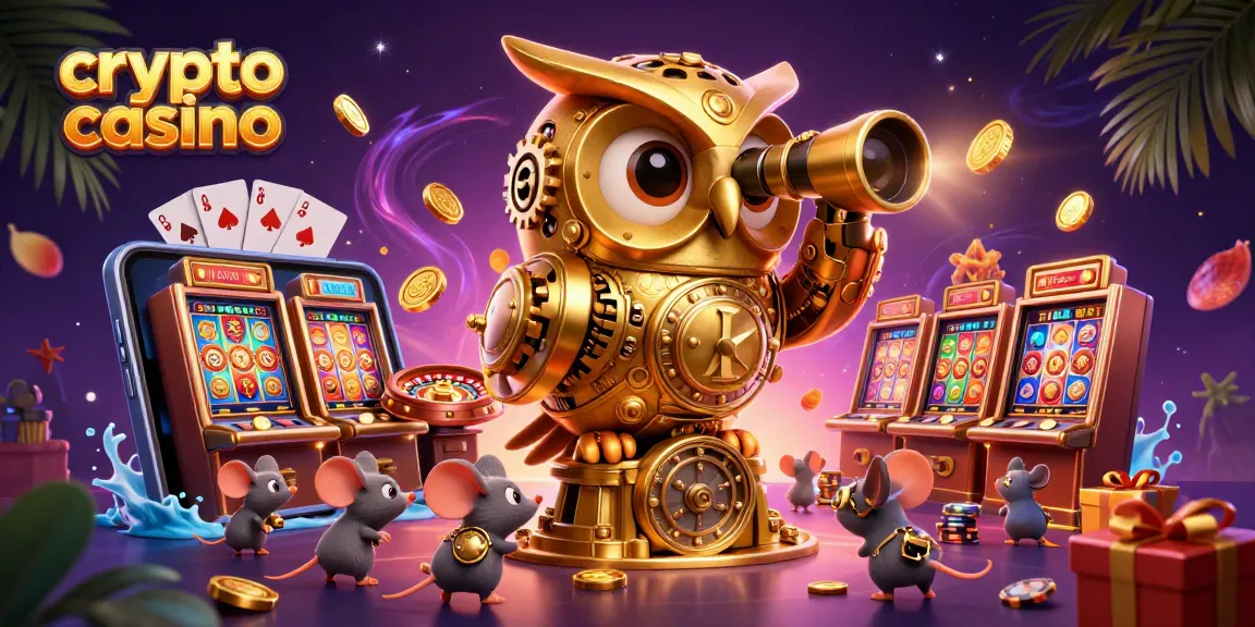 Visitez un crypto casino avec une chouette dorée en voyant les jeux et les pièces d'or.