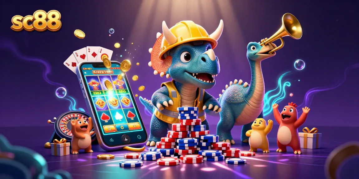 Engage with sc88's thrilling gaming fun featuring poker chips and vibrant slot games in a lively 3D scene.
