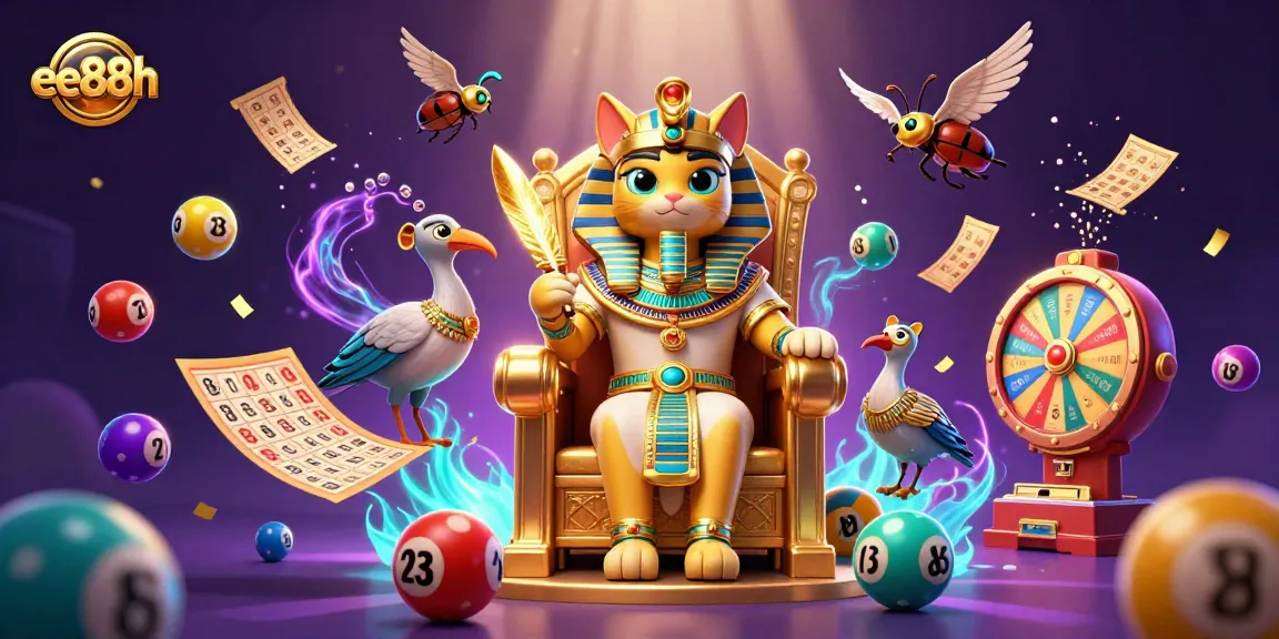 Win big with ee88h in a vibrant Egyptian-themed casino illustration featuring a pharaoh cat and lottery elements.